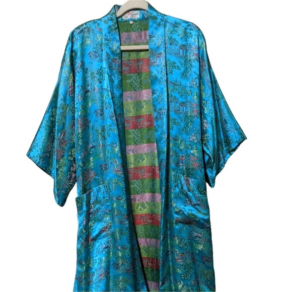 Solz Squirrel Vintage kimono housecoat turquoise jacquardbelted pockets robe L